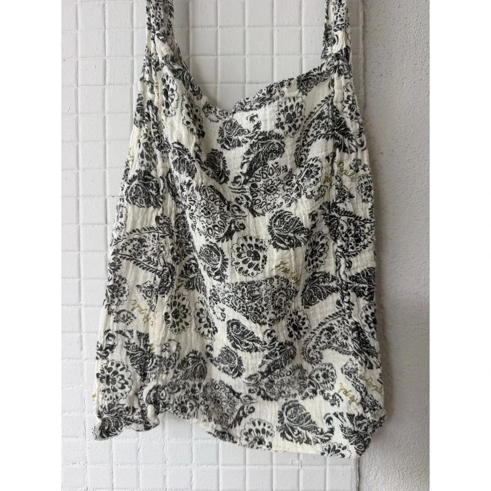 Free People Black Paisley Cotton Gauze Small Tote Bag OS Boho Reusable